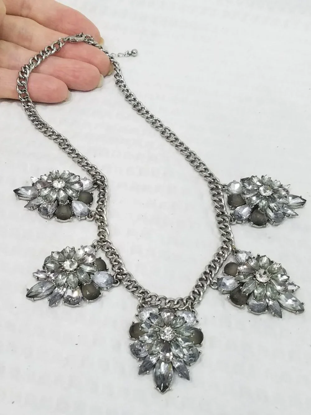 Clear White & Smoky Gray Crystal Floral Silver Tone Tile Bib Choker Necklace